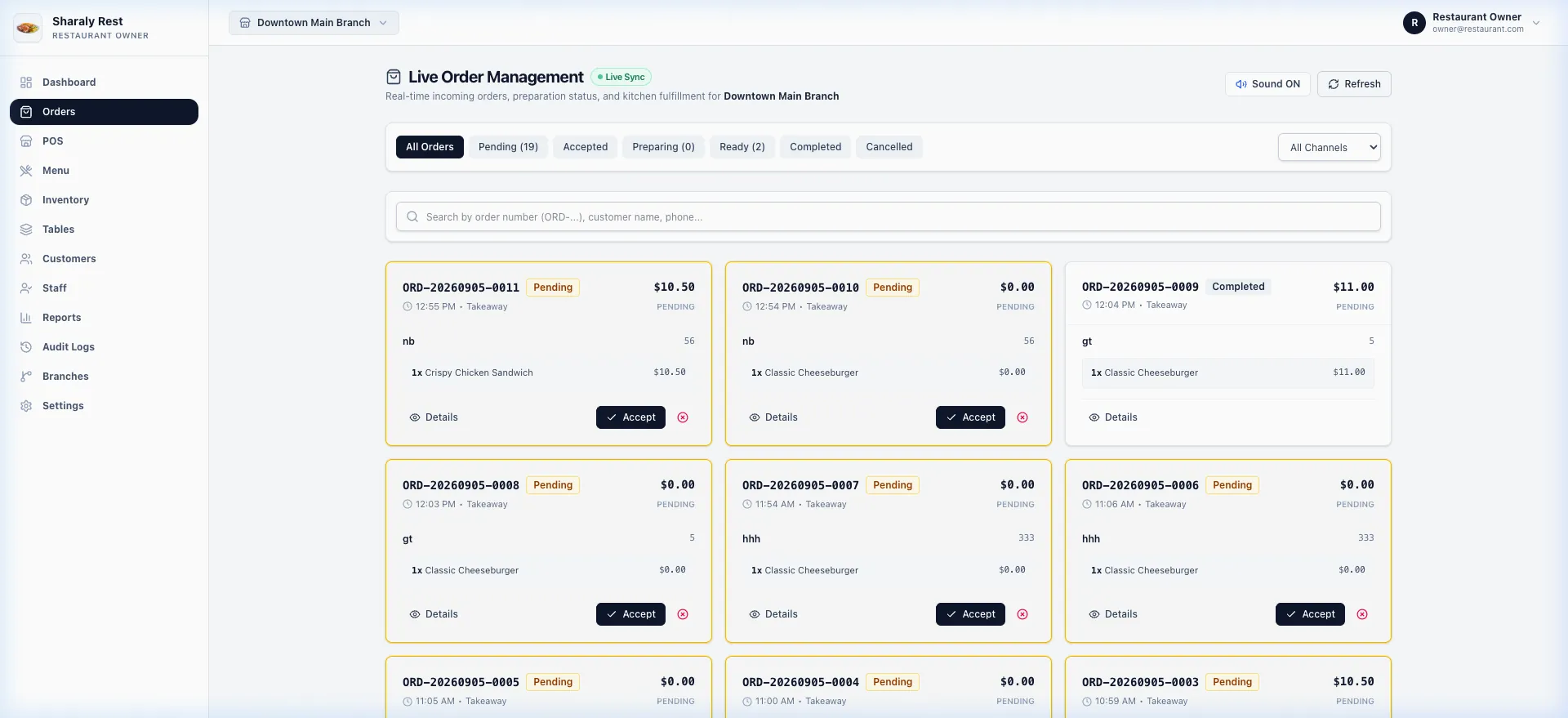 Sharaly Order Management Dashboard — Live Orders View